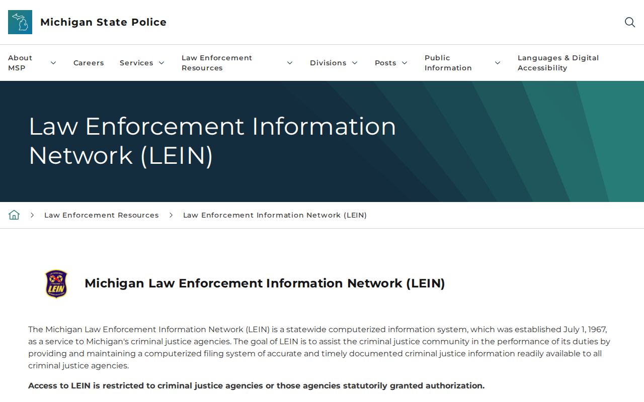 Michigan State Police LEIN page, which keeps Livingston County warrant data off public systems