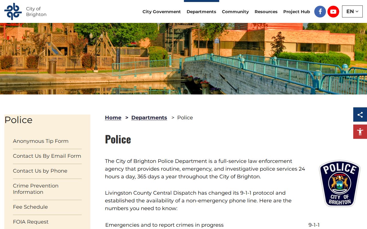 Brighton Police Department page for Livingston County warrant and report questions