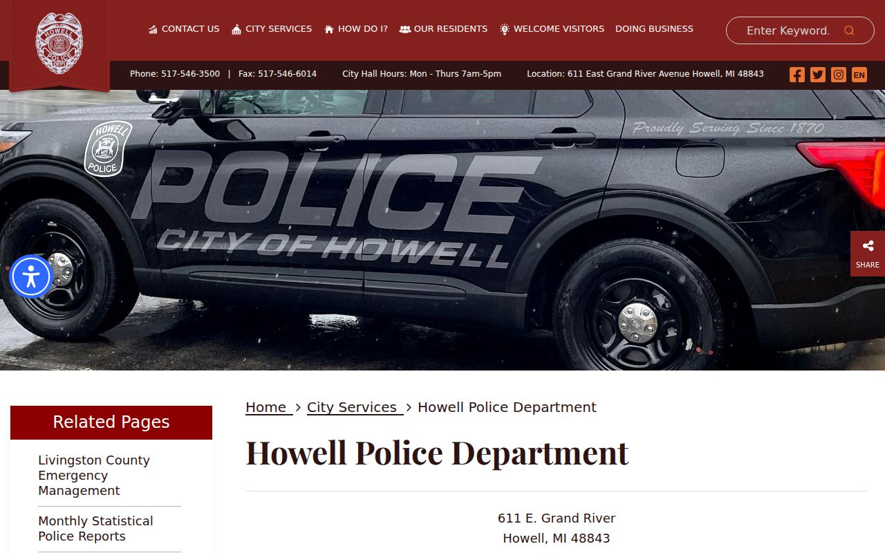 Howell Police Department page for city warrant and report questions