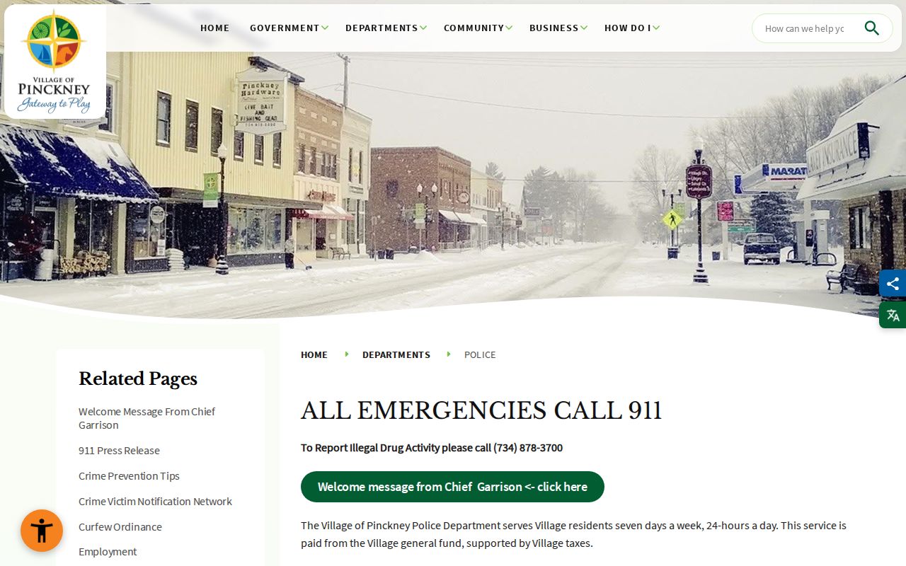 Pinckney Police Department page for village warrant and report questions